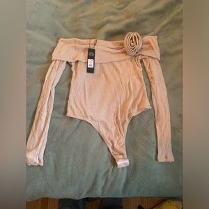 Fashion Nova Knit Off The Shoulder Sweater Rosette Bodysuit Nude Beige